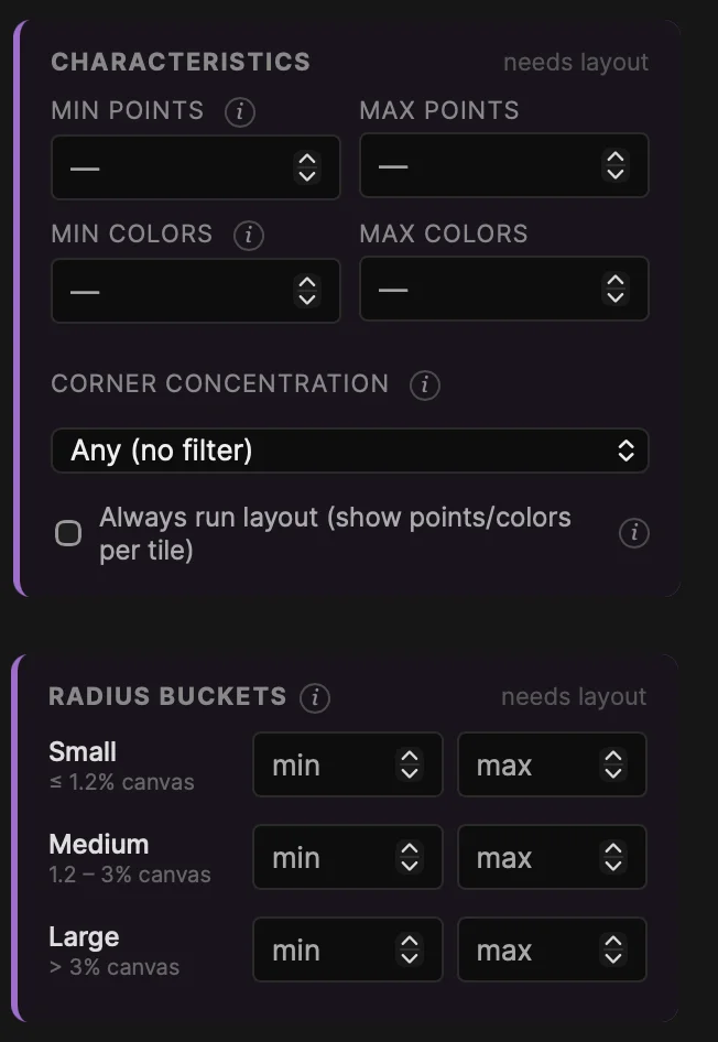 The Characteristics and Radius buckets sections