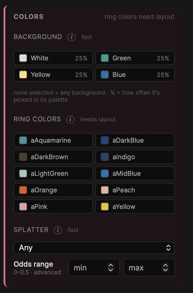 The Colors section: background swatches with odds, ring color chips, and splatter