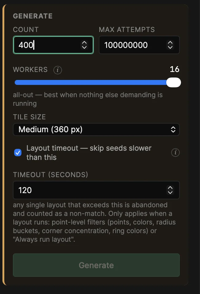 The Generate section: count, max attempts, workers, tile size and layout timeout