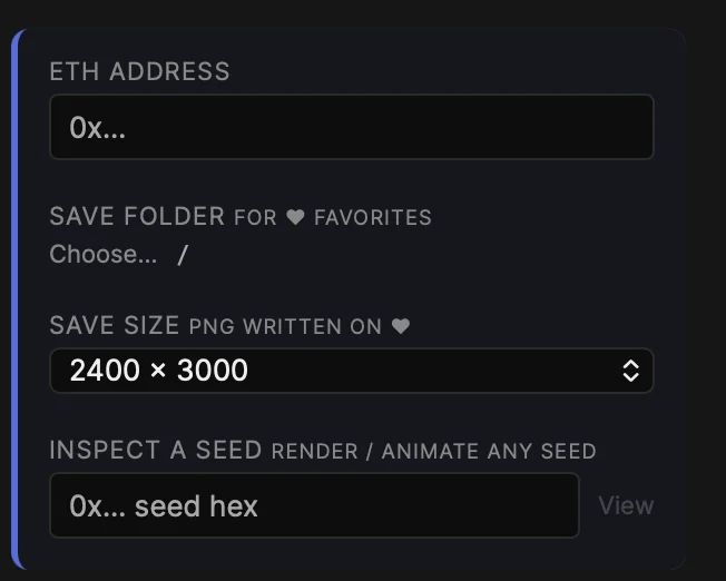 The Setup section: ETH address, save folder, save size, and Inspect a seed
