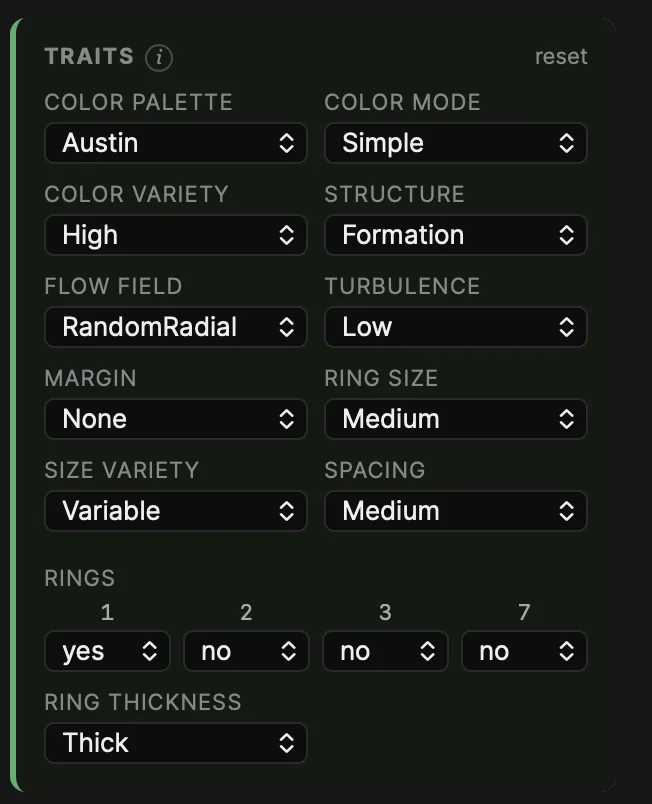 The Traits section with dropdowns for palette, color mode, structure, flow field and more